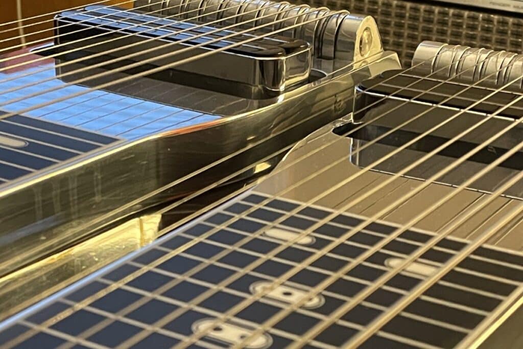 pedal steel guitar fretboard showing multiple strings and layout
