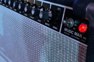 pedal steel amplifier with knobs and settings visible