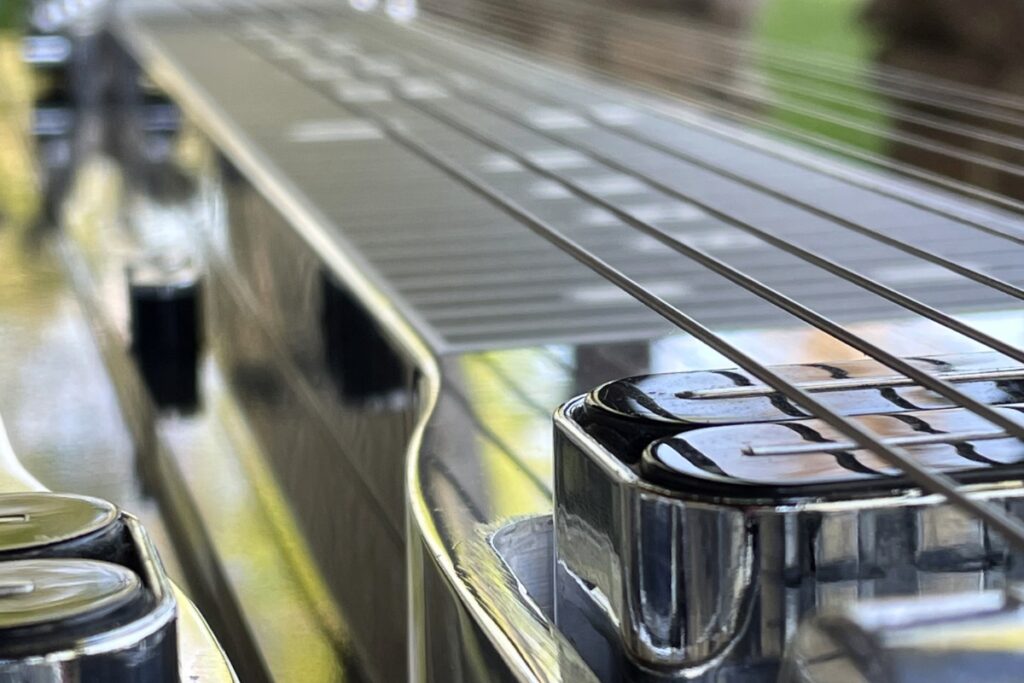 close up of lower E9 pedal steel strings and pickup