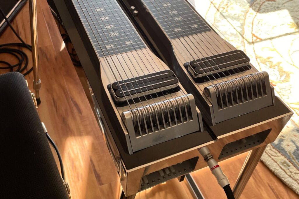 pedal steel guitar back view with fretboard and pickups