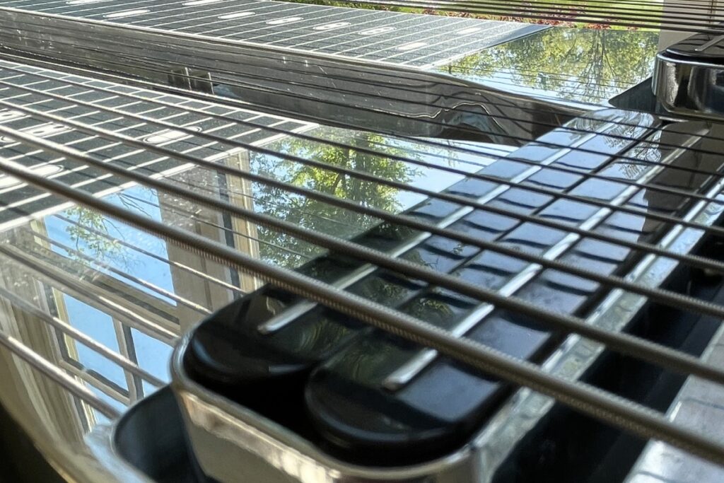 pedal steel strings across fretboard close up