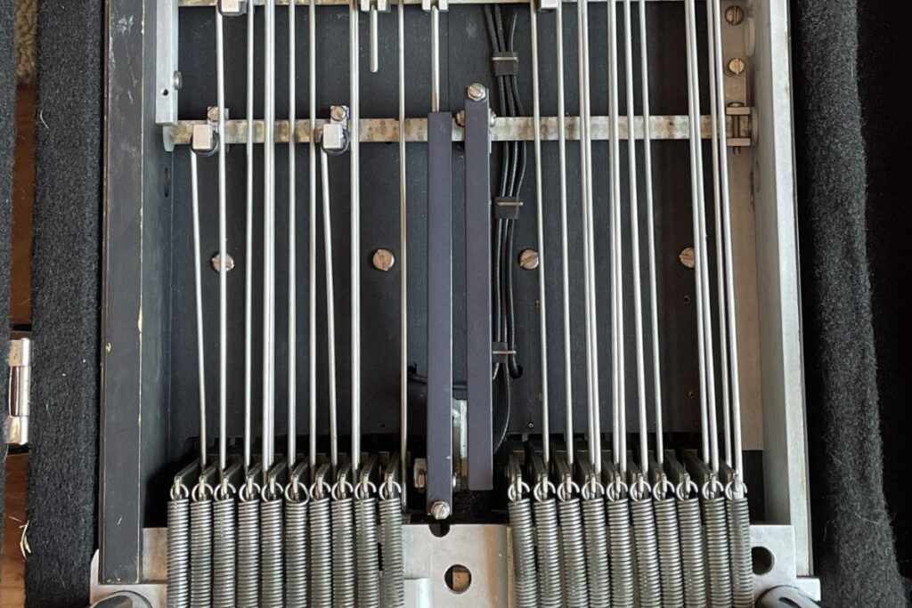 pedal steel undercarriage showing rods and springs