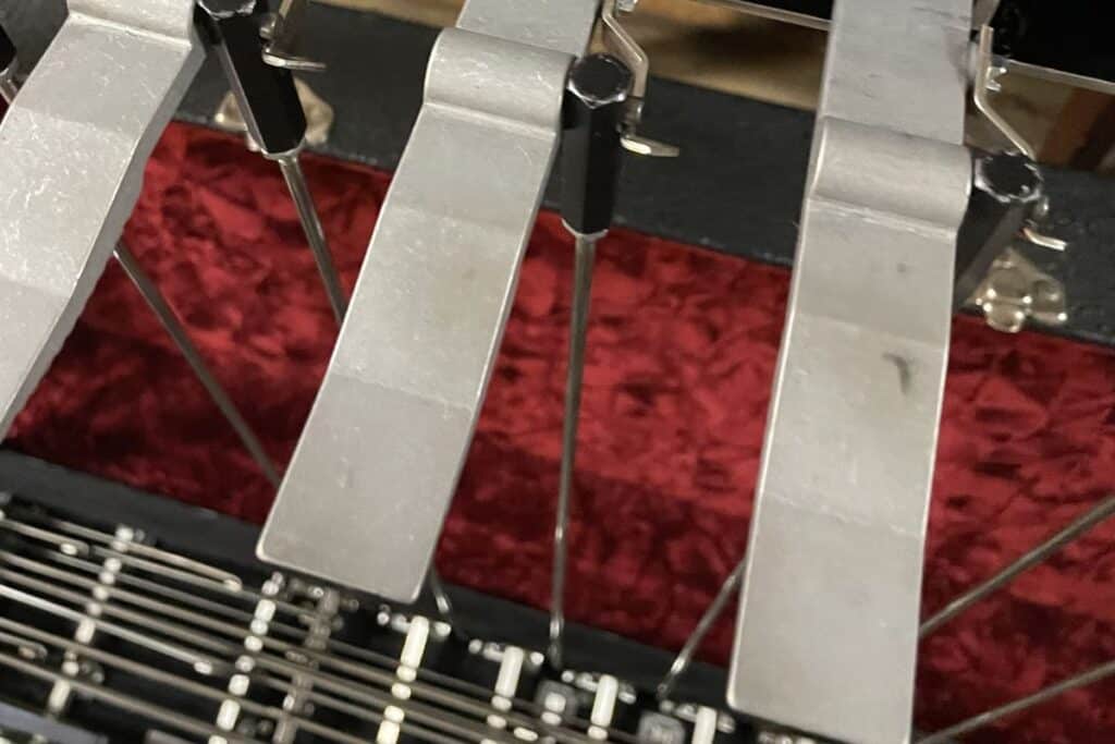 pedal steel undercarriage and pedal close up showing copedent mechanics
