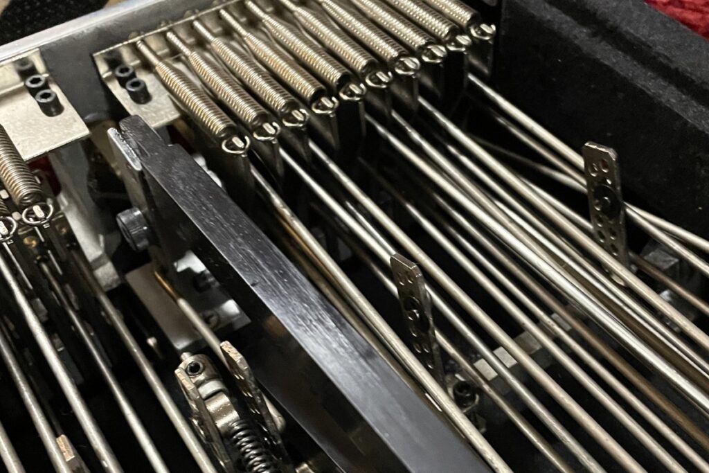 pedal steel guitar undercarriage and mechanics close up